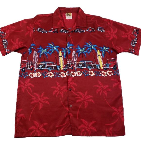 Pipeline Hawaiian Aloha Shirt Mens L Red‎ Surf Beach Cars Vintage Tropical Print - Picture 1 of 11